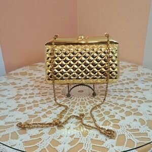 Vintage Metallic Gold Quilted Evening Clutch with Chain Strap